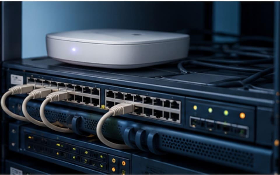 Zakelijk wifi-netwerk en netwerkapparatuur in een kantooromgeving.