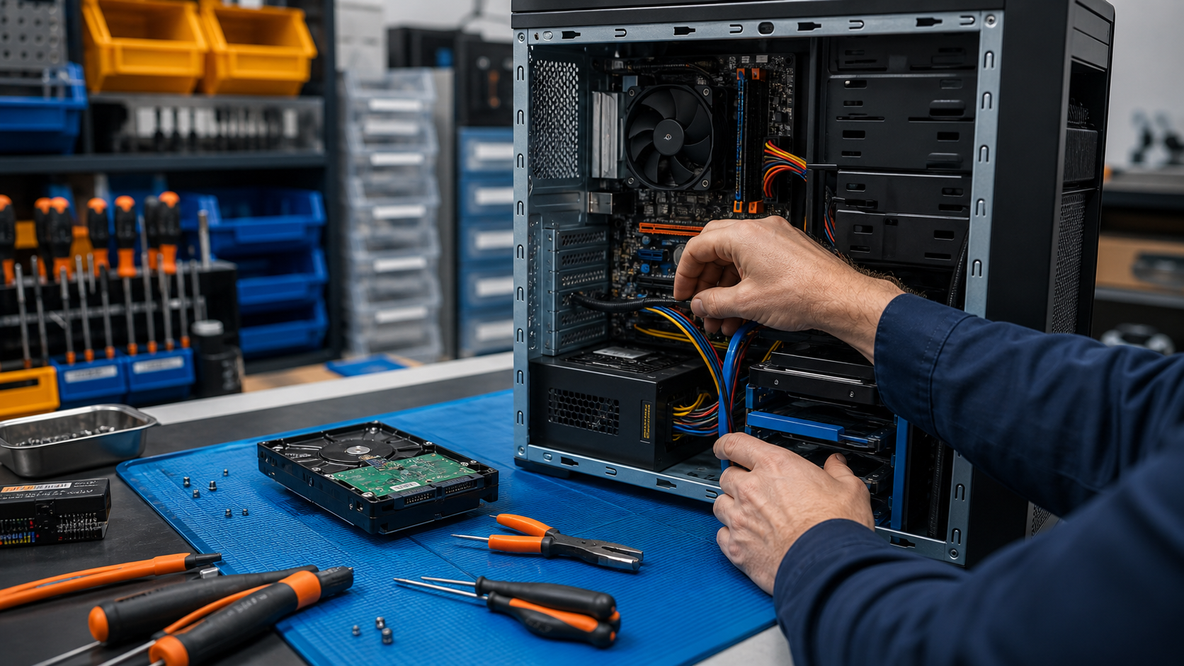Desktopcomputer op de reparatiewerkbank